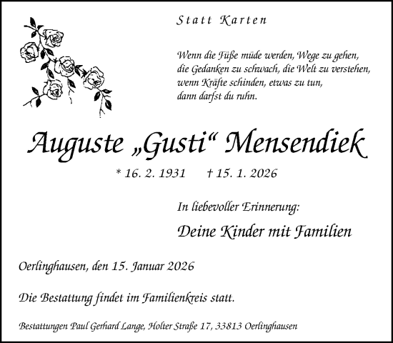 Traueranzeige von Auguste Mensendiek von Neue Westfälische und Westfalen-Blatt