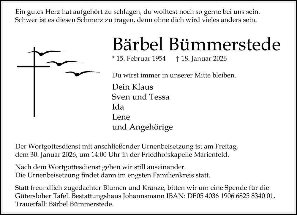  Traueranzeige für Bärbel Bümmerstede vom 24.01.2026 aus Neue Westfälische und Westfalen-Blatt