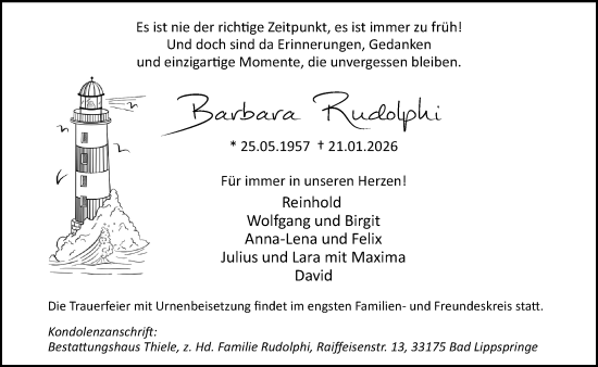 Traueranzeige von Barbara Rudolphi von Neue Westfälische und Westfalen-Blatt
