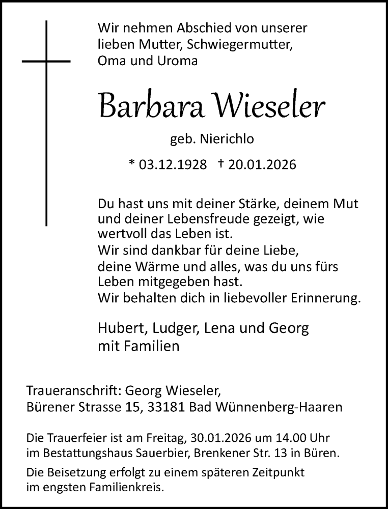  Traueranzeige für Barbara Wieseler vom 24.01.2026 aus Neue Westfälische und Westfalen-Blatt