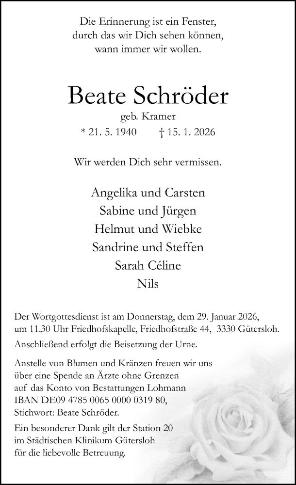  Traueranzeige für Beate Schröder vom 24.01.2026 aus Neue Westfälische und Westfalen-Blatt