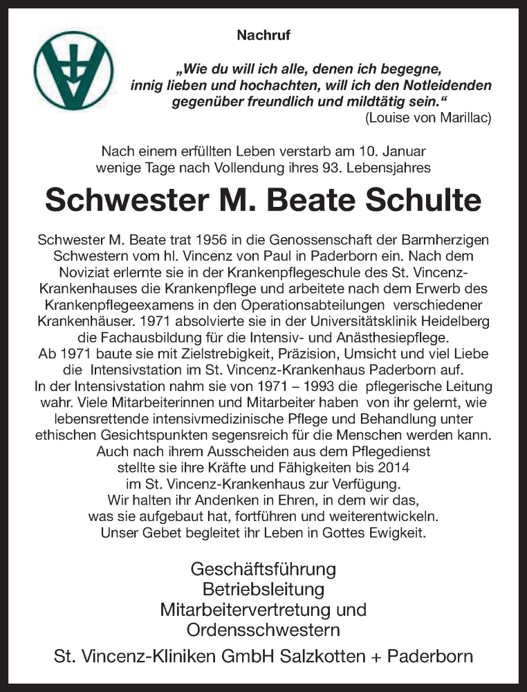  Traueranzeige für Beate Schulte vom 24.01.2026 aus Neue Westfälische und Westfalen-Blatt