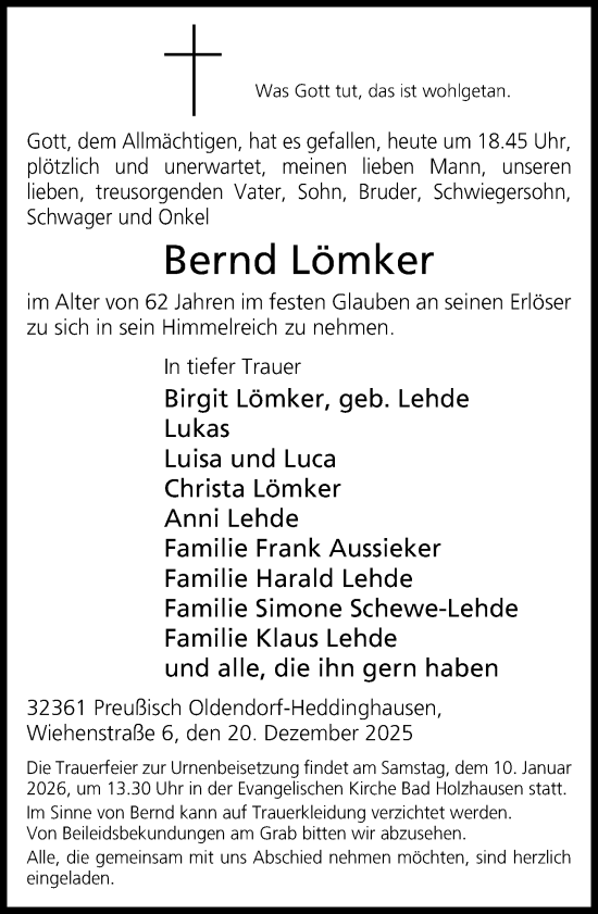 Traueranzeige von Bernd Lömker von Neue Westfälische und Westfalen-Blatt