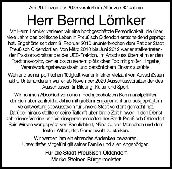 Traueranzeige von Bernd Lömker von Neue Westfälische und Westfalen-Blatt