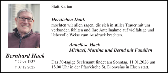 Traueranzeige von Bernhard Hack von Neue Westfälische und Westfalen-Blatt