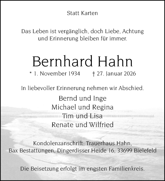 Traueranzeige von Bernhard Hahn von Neue Westfälische und Westfalen-Blatt