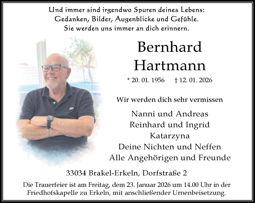  Traueranzeige für Bernhard Hartmann vom 17.01.2026 aus Neue Westfälische und Westfalen-Blatt