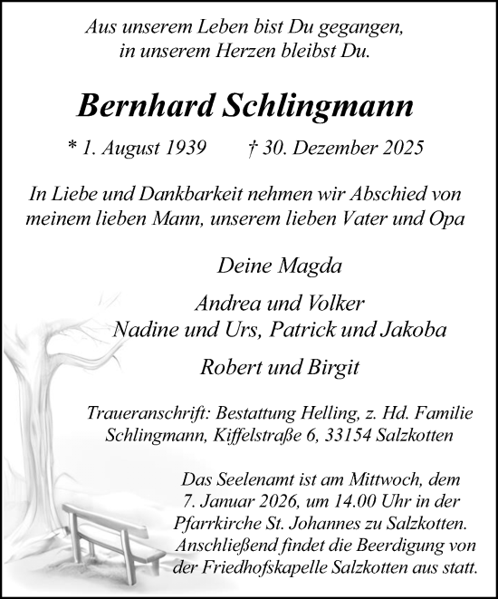 Traueranzeige von Bernhard Schlingmann von Neue Westfälische und Westfalen-Blatt