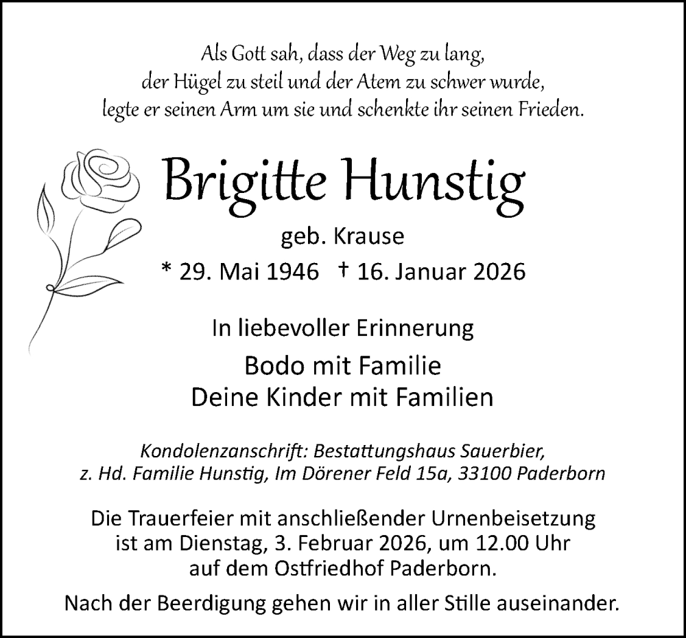 Traueranzeige für Brigitte Hunstig vom 24.01.2026 aus Neue Westfälische und Westfalen-Blatt