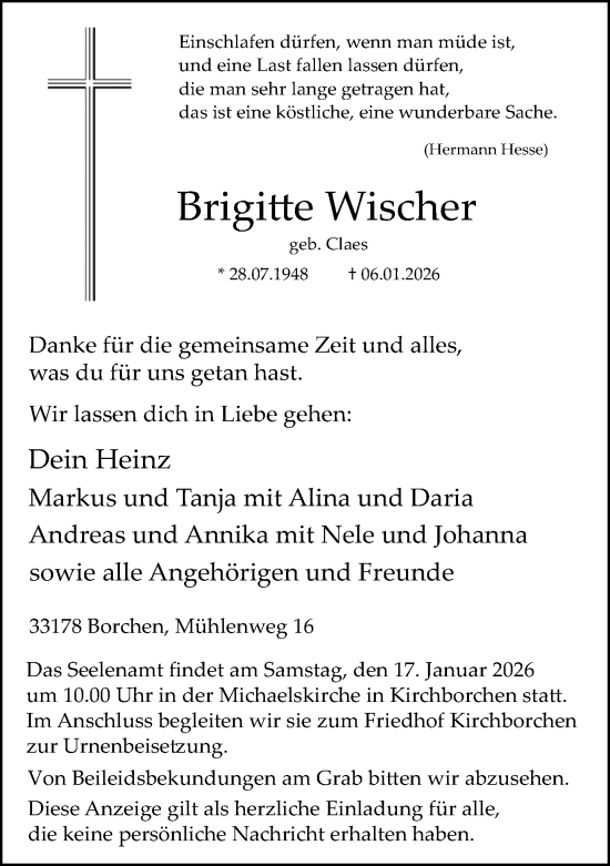 Traueranzeige von Brigitte Wischer von Neue Westfälische und Westfalen-Blatt