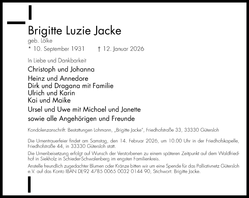  Traueranzeige für Brigitte Luzie Jacke vom 31.01.2026 aus Neue Westfälische und Westfalen-Blatt