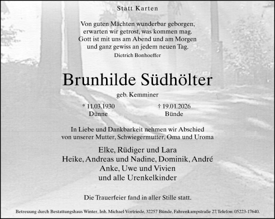 Traueranzeige von Brunhilde Südhölter von Neue Westfälische und Westfalen-Blatt