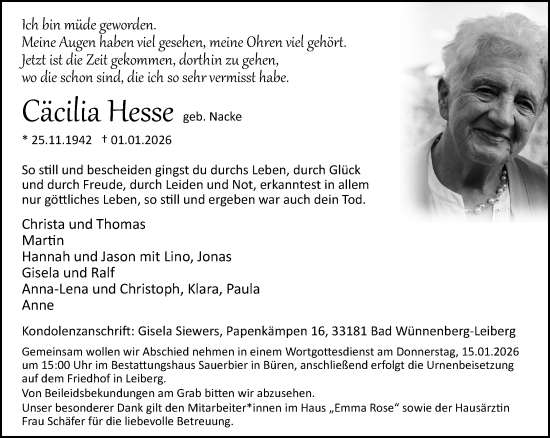Traueranzeige von Cäcilia Hesse von Neue Westfälische und Westfalen-Blatt