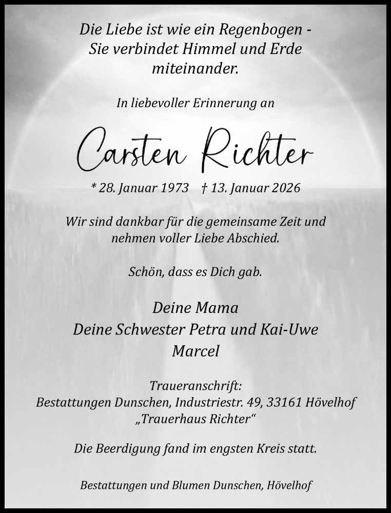  Traueranzeige für Carsten Richter vom 17.01.2026 aus Neue Westfälische und Westfalen-Blatt