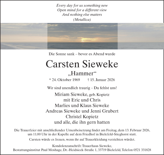 Traueranzeige von Carsten Sieweke von Neue Westfälische und Westfalen-Blatt