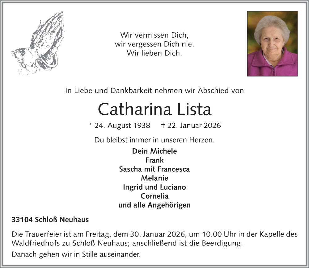  Traueranzeige für Catharina Lista vom 28.01.2026 aus Neue Westfälische und Westfalen-Blatt