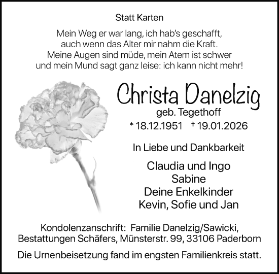 Traueranzeige von Christa Danelzig von Neue Westfälische und Westfalen-Blatt