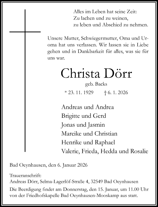 Traueranzeige von Christa Dörr von Neue Westfälische und Westfalen-Blatt