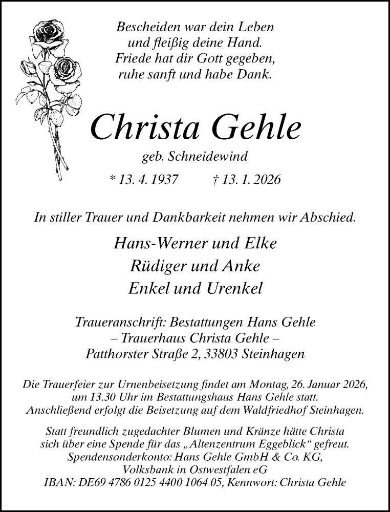  Traueranzeige für Christa Gehle vom 17.01.2026 aus Neue Westfälische und Westfalen-Blatt