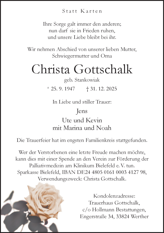Traueranzeige von Christa Gottschalk von Neue Westfälische und Westfalen-Blatt