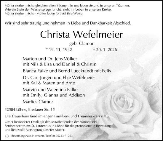 Traueranzeige von Christa Wefelmeier von Neue Westfälische und Westfalen-Blatt