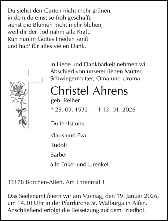 Traueranzeige von Christel Ahrens von Neue Westfälische und Westfalen-Blatt