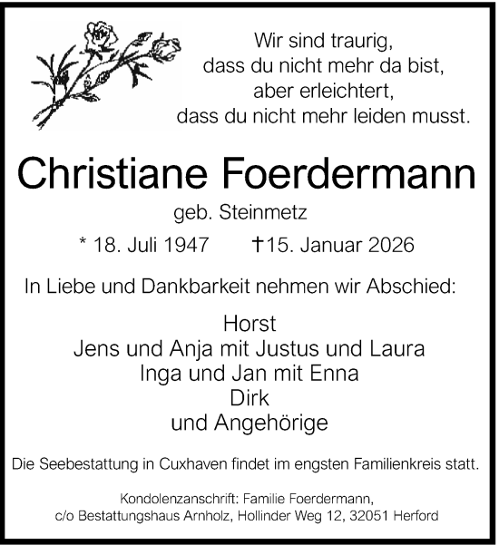 Traueranzeige von Christiane Foerdermann von Neue Westfälische und Westfalen-Blatt