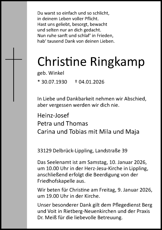 Traueranzeige von Christine Ringkamp von Neue Westfälische und Westfalen-Blatt