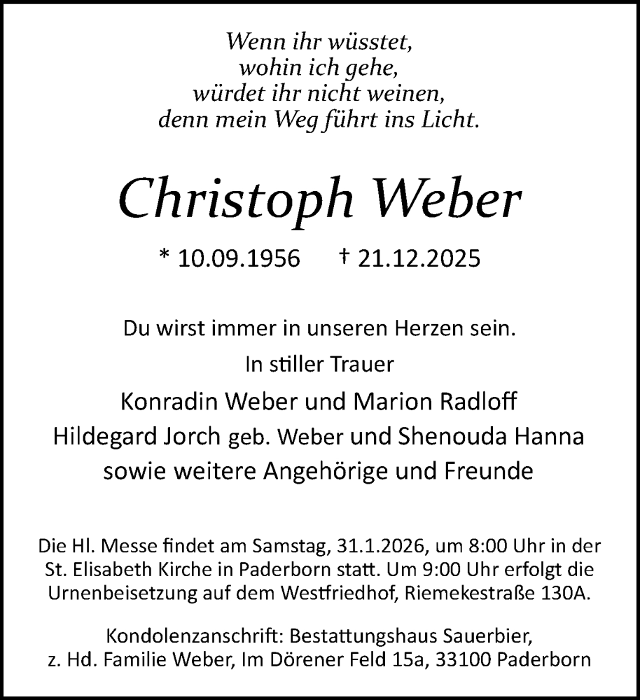  Traueranzeige für Christoph Weber vom 17.01.2026 aus Neue Westfälische und Westfalen-Blatt
