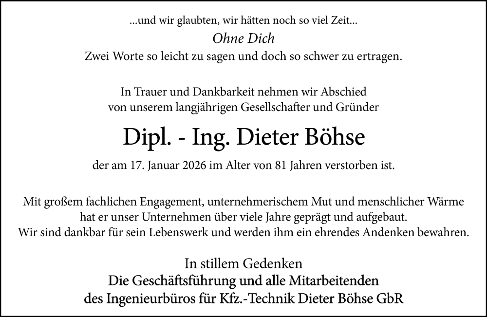  Traueranzeige für Dieter Böhse vom 24.01.2026 aus Neue Westfälische und Westfalen-Blatt