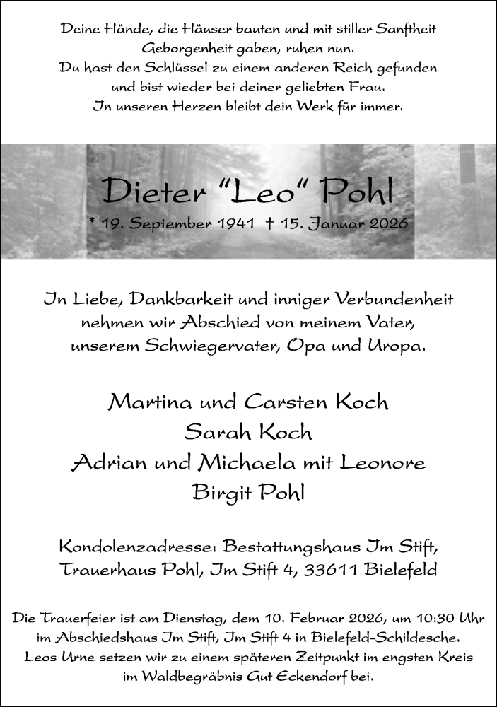  Traueranzeige für Dieter Pohl vom 24.01.2026 aus Neue Westfälische und Westfalen-Blatt