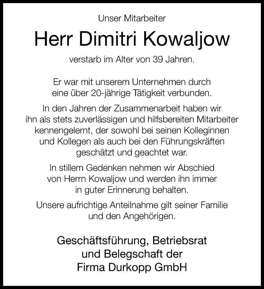  Traueranzeige für Dimitri Kowaljow vom 31.01.2026 aus Neue Westfälische und Westfalen-Blatt