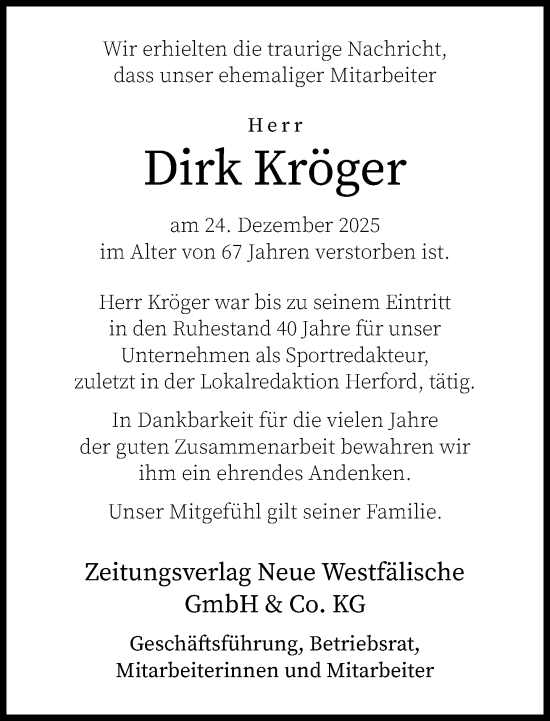 Traueranzeige von Dirk Kröger von Neue Westfälische und Westfalen-Blatt
