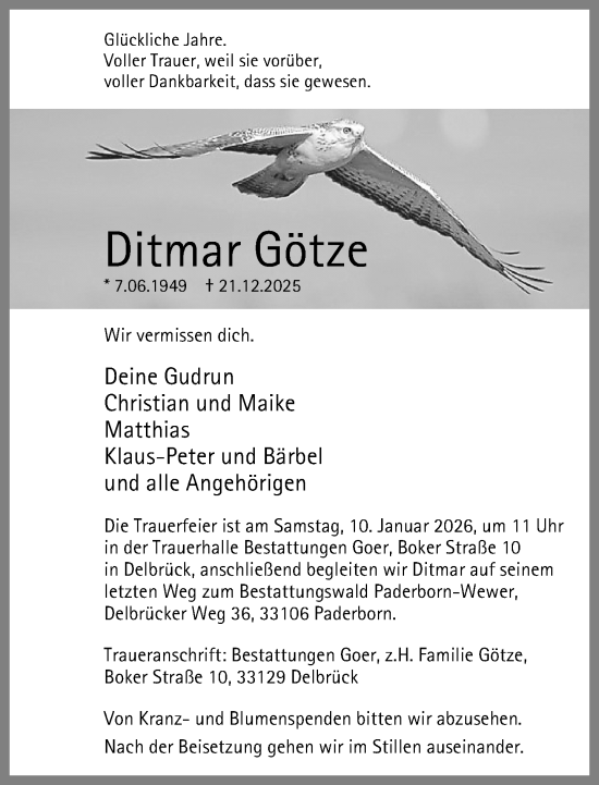 Traueranzeige von Ditmar Götze von Neue Westfälische und Westfalen-Blatt