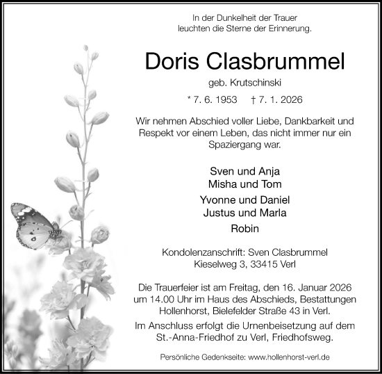Traueranzeige von Doris Clasbrummel von Neue Westfälische und Westfalen-Blatt