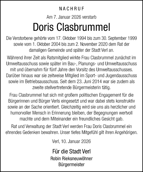 Traueranzeige von Doris Clasbrummel von Neue Westfälische und Westfalen-Blatt