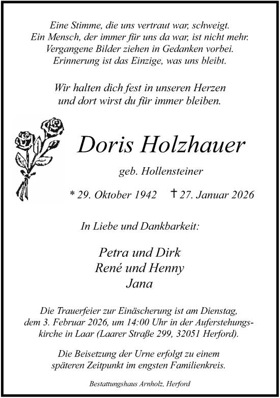 Traueranzeige von Doris Holzhauer von Neue Westfälische und Westfalen-Blatt