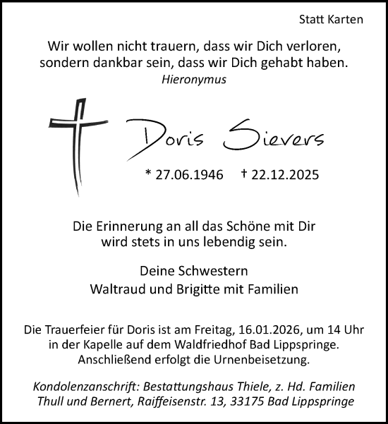 Traueranzeige von Doris Sievers von Neue Westfälische und Westfalen-Blatt