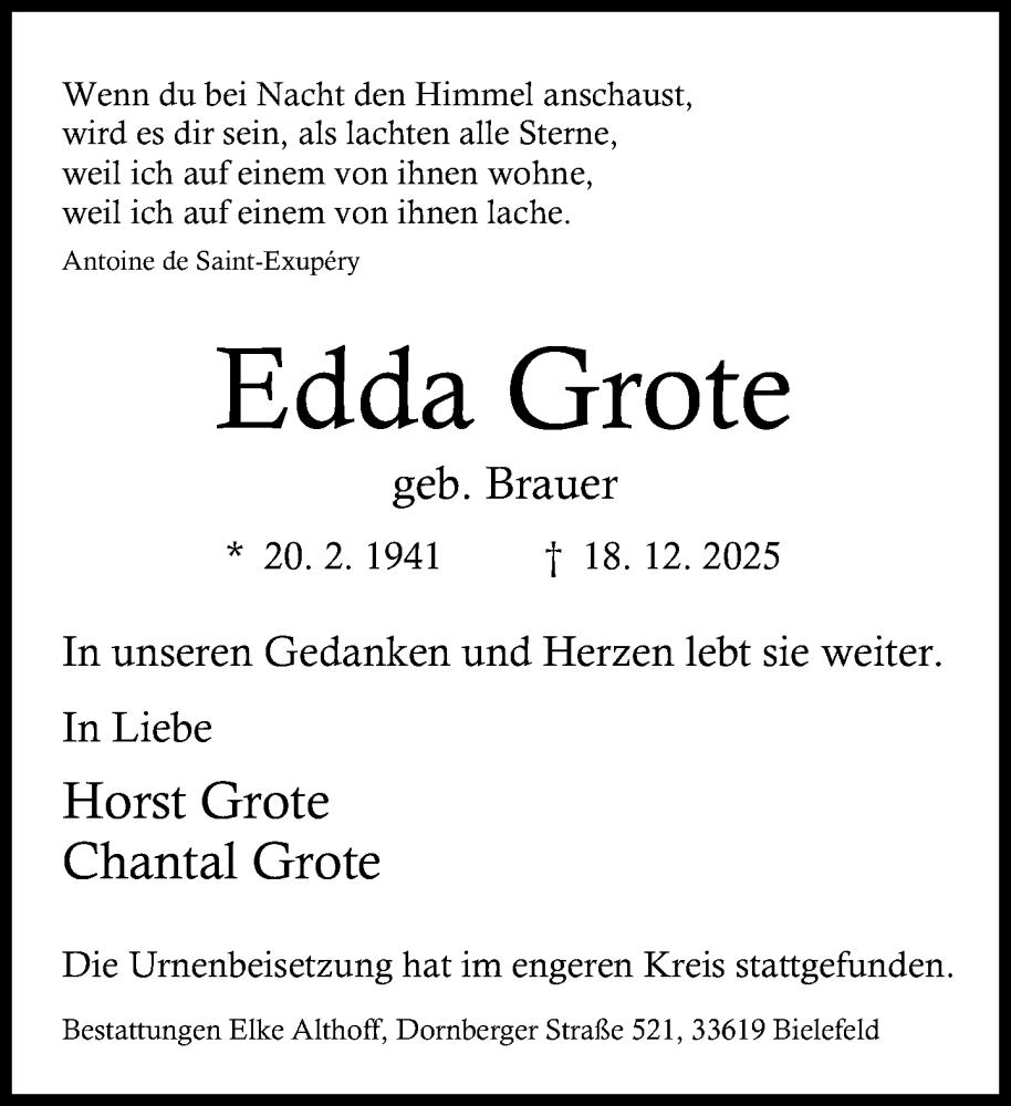  Traueranzeige für Edda Grote vom 03.01.2026 aus Neue Westfälische und Westfalen-Blatt