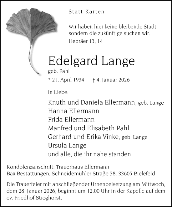 Traueranzeige von Edelgard Lange von Neue Westfälische und Westfalen-Blatt