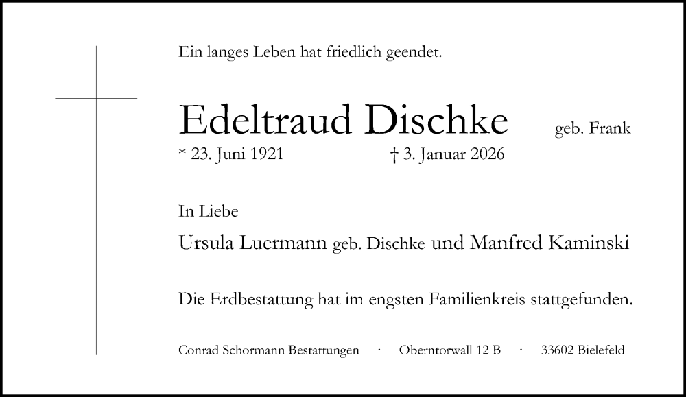  Traueranzeige für Edeltraud Dischke vom 10.01.2026 aus Neue Westfälische und Westfalen-Blatt