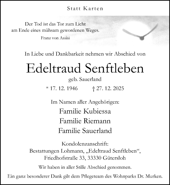 Traueranzeige von Edeltraud Senftleben von Neue Westfälische und Westfalen-Blatt