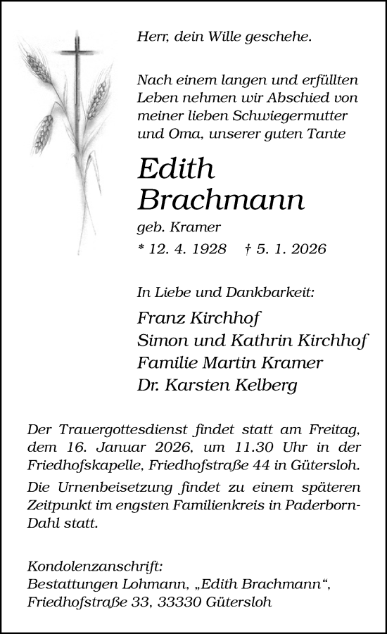 Traueranzeige von Edith Brachmann von Neue Westfälische und Westfalen-Blatt