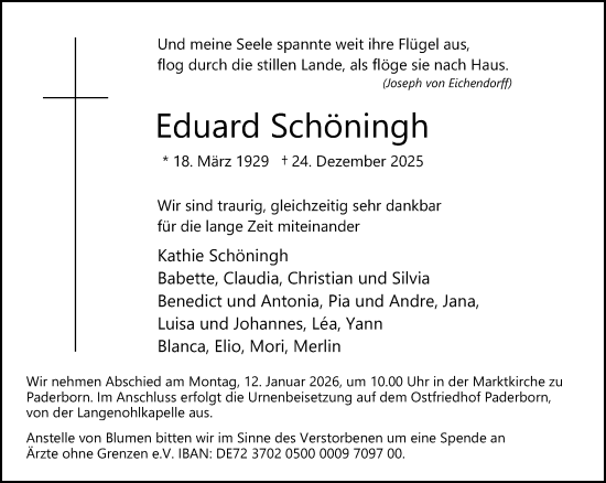 Traueranzeige von Eduard Schöningh von Neue Westfälische und Westfalen-Blatt