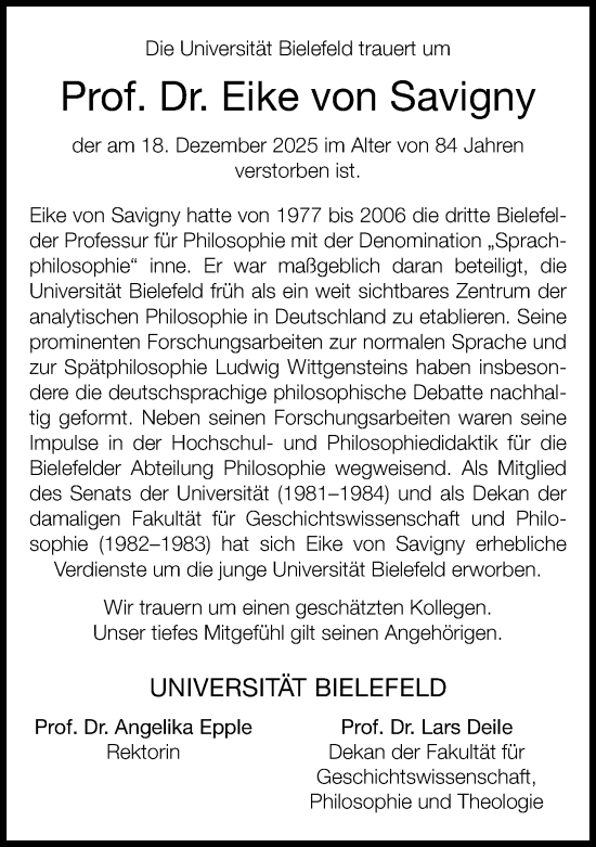 Traueranzeige von Eike von Savigny von Neue Westfälische und Westfalen-Blatt