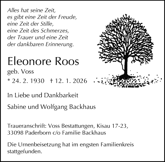 Traueranzeige von Eleonore Roos von Neue Westfälische und Westfalen-Blatt