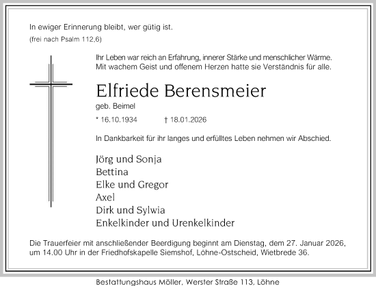 Traueranzeige von Elfriede Berensmeier von Neue Westfälische und Westfalen-Blatt