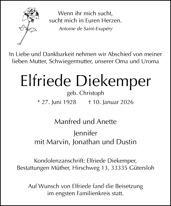 Traueranzeige von Elfriede Diekemper von Neue Westfälische und Westfalen-Blatt