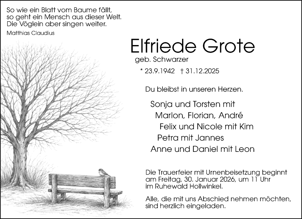  Traueranzeige für Elfriede Grote vom 17.01.2026 aus Neue Westfälische und Westfalen-Blatt