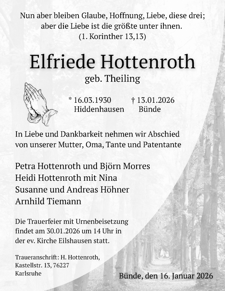  Traueranzeige für Elfriede Hottenroth vom 17.01.2026 aus Neue Westfälische und Westfalen-Blatt